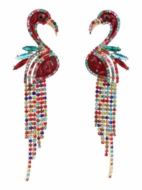 Multicolored Tropical Dangle Tassel Drop Flamingo Bird Rhinestone Earrings